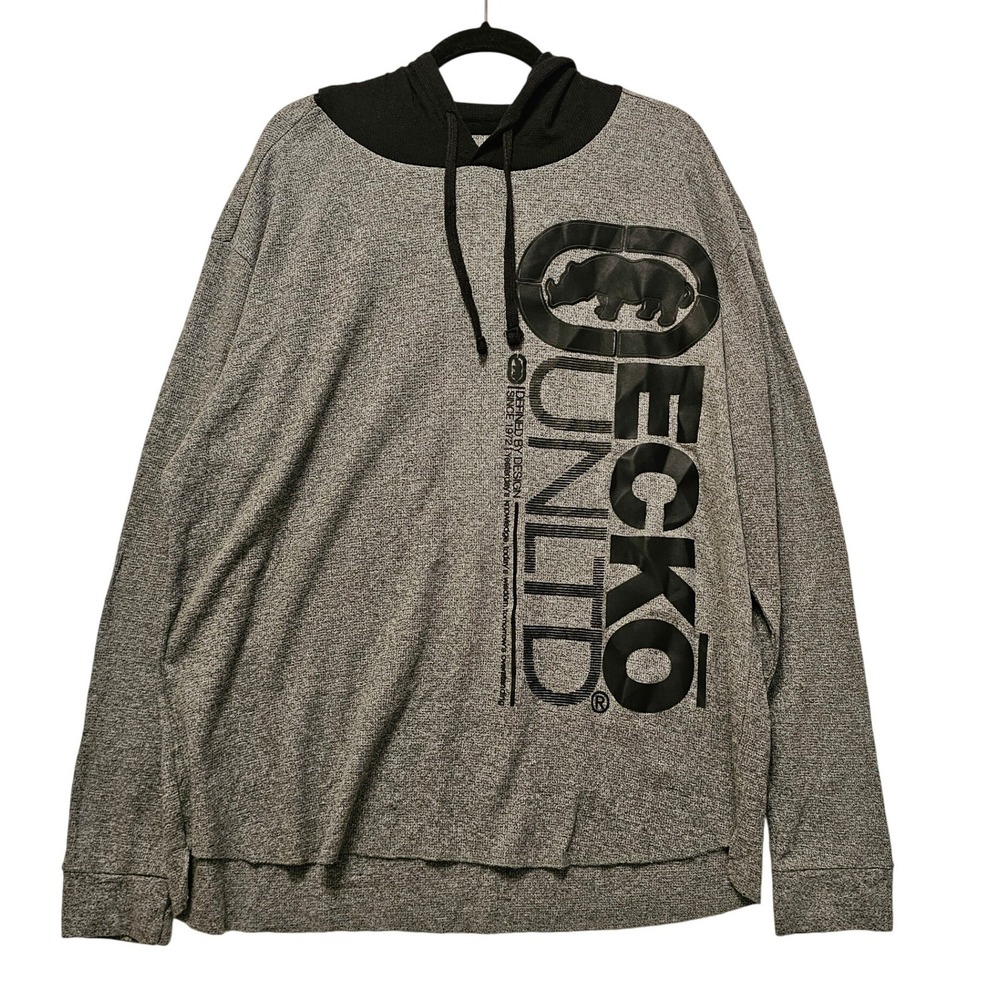 Ecko Unltd Mens 3XL Grey Marl Waffle Knit Graphic Long Sleeve Hoodie Tee JT4